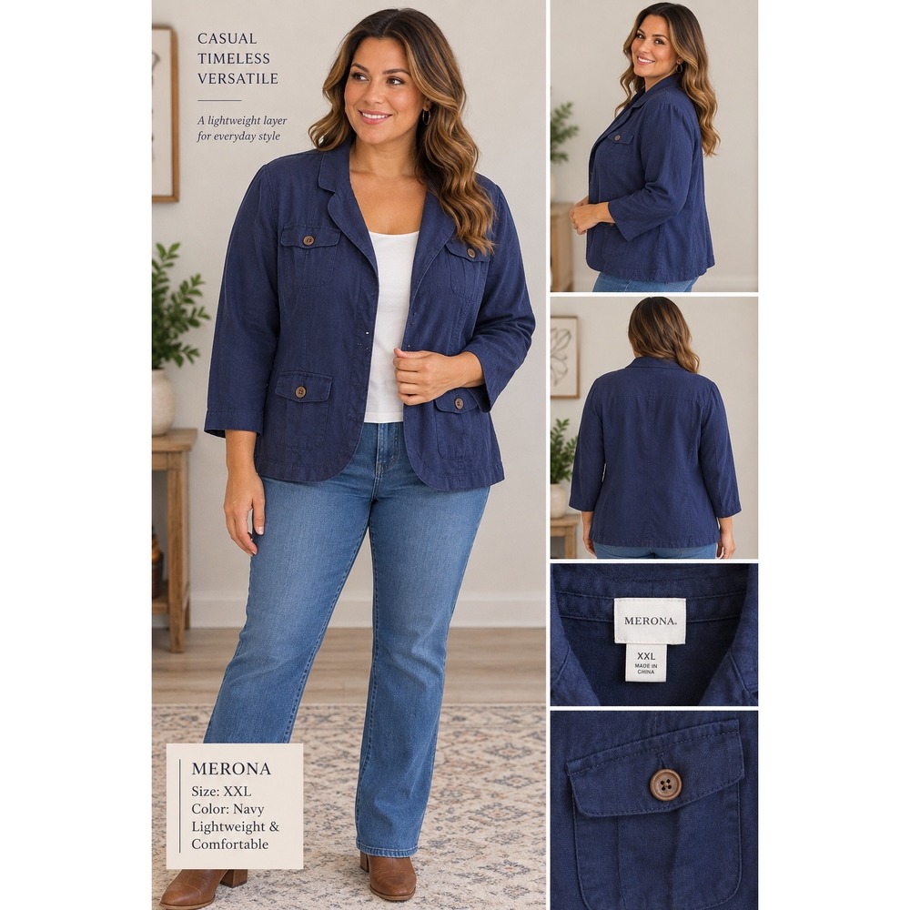 Merona Womens XXL Navy Blue 100% Linen Utility Jacket 3/4 Sleeve NWT